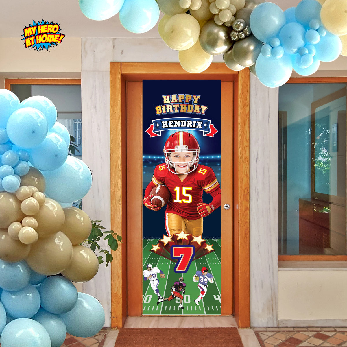 Portrait Football Chiefs banner with birthday kid as the Quarterback (Vertical 2x6’). 2499BBV