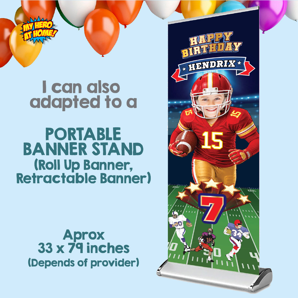 Portrait Football Chiefs banner with birthday kid as the Quarterback (Vertical 2x6’). 2499BBV