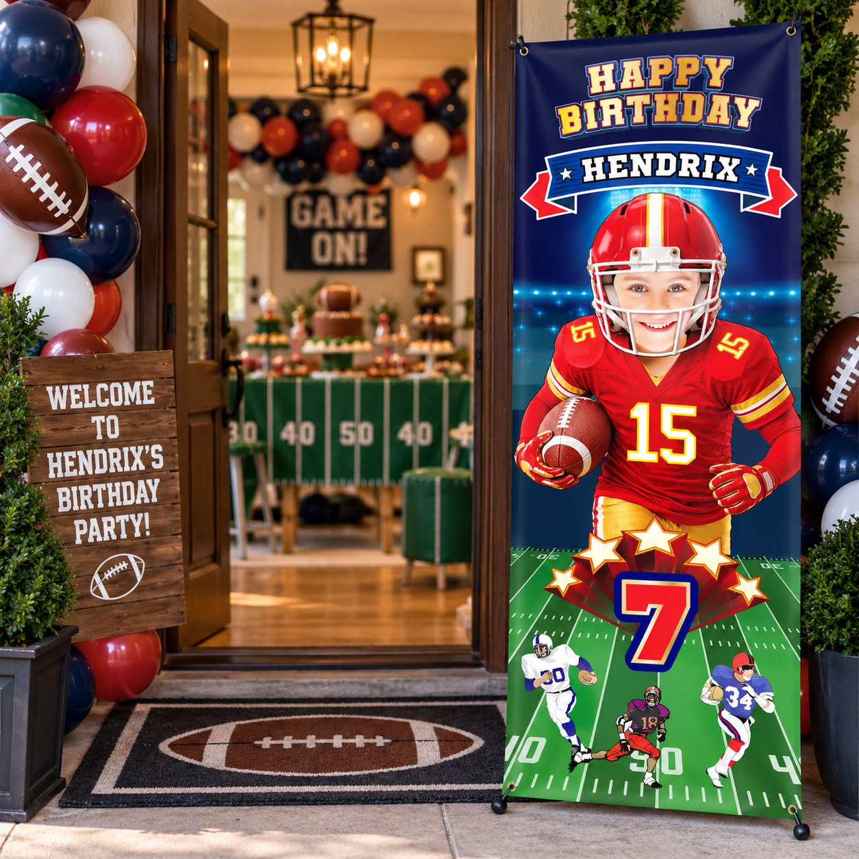 Portrait Football Chiefs banner with birthday kid as the Quarterback (Vertical 2x6’). 2499BBV