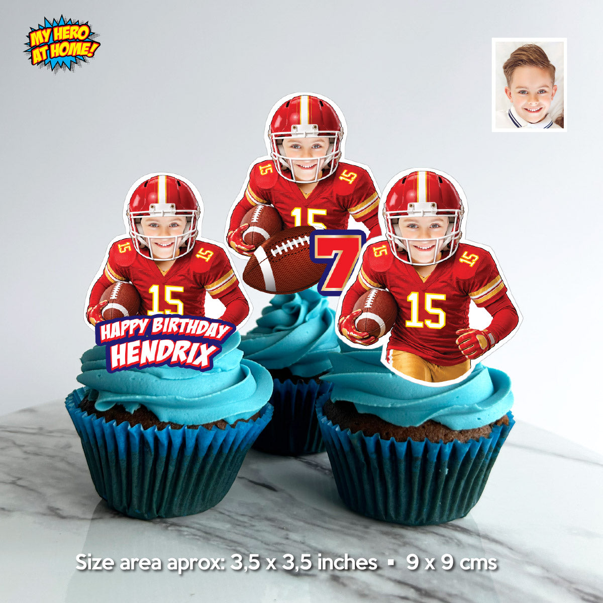 Bundle: Football Birthday Cake & Cupcake Toppers Featuring Kid as the Chiefs Player. 2499B5