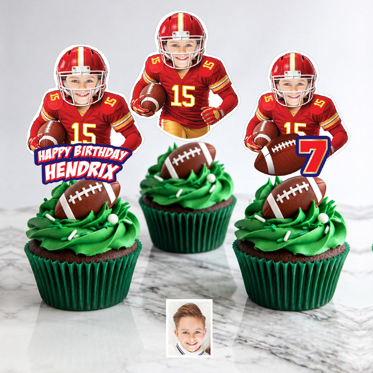 Football Chiefs Cupcakes Toppers featuring birthday kid as the MVP. 2499CK