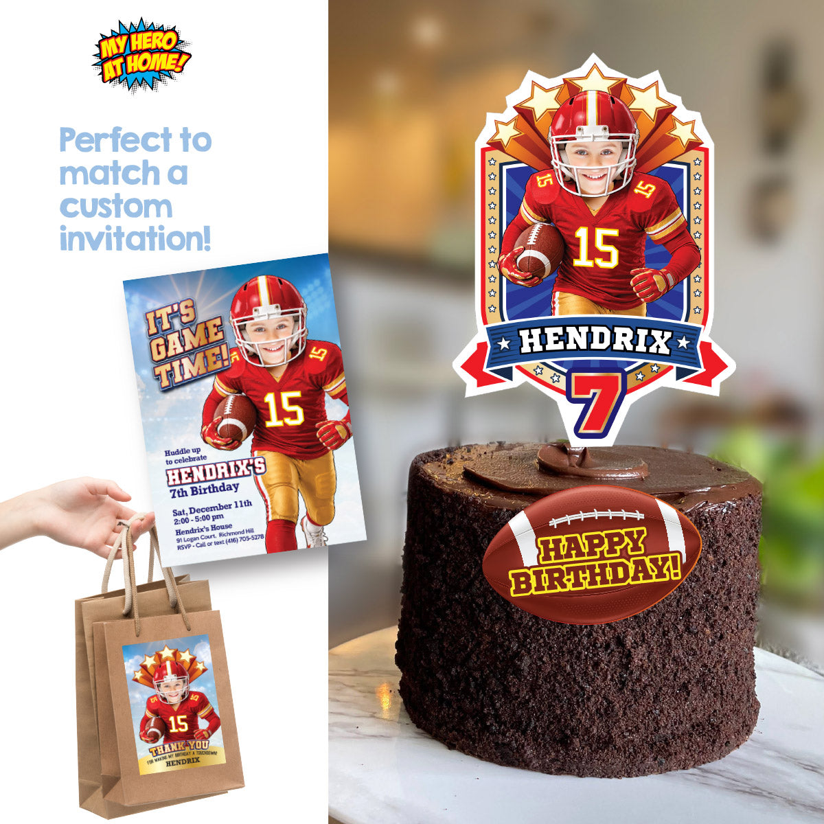 Football KC Chiefs Cake topper with birthday kid as his favorite player. 2499CT