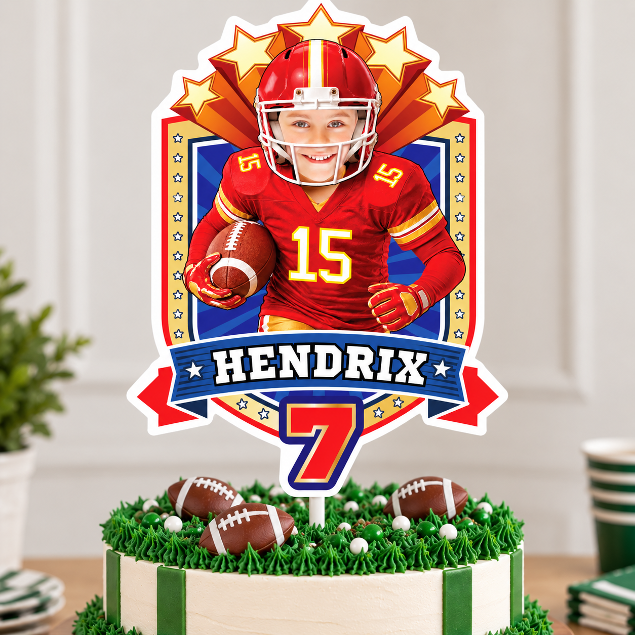 Bundle: Football Birthday Cake & Cupcake Toppers Featuring Kid as the Chiefs Player. 2499B5