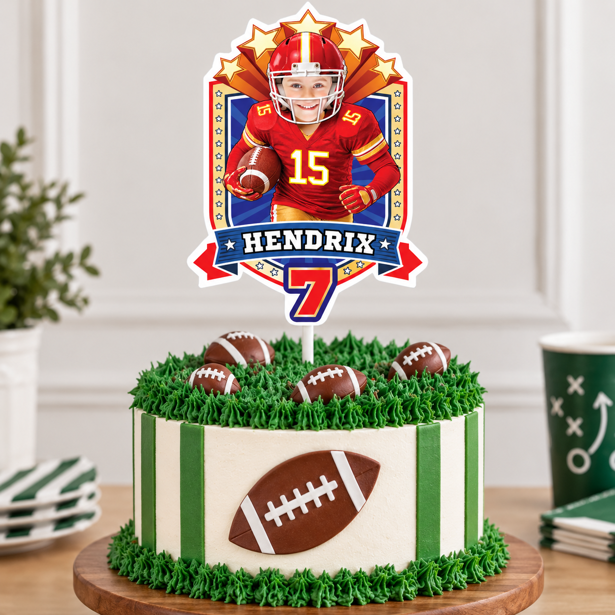 Football KC Chiefs Cake topper with birthday kid as his favorite player. 2499CT