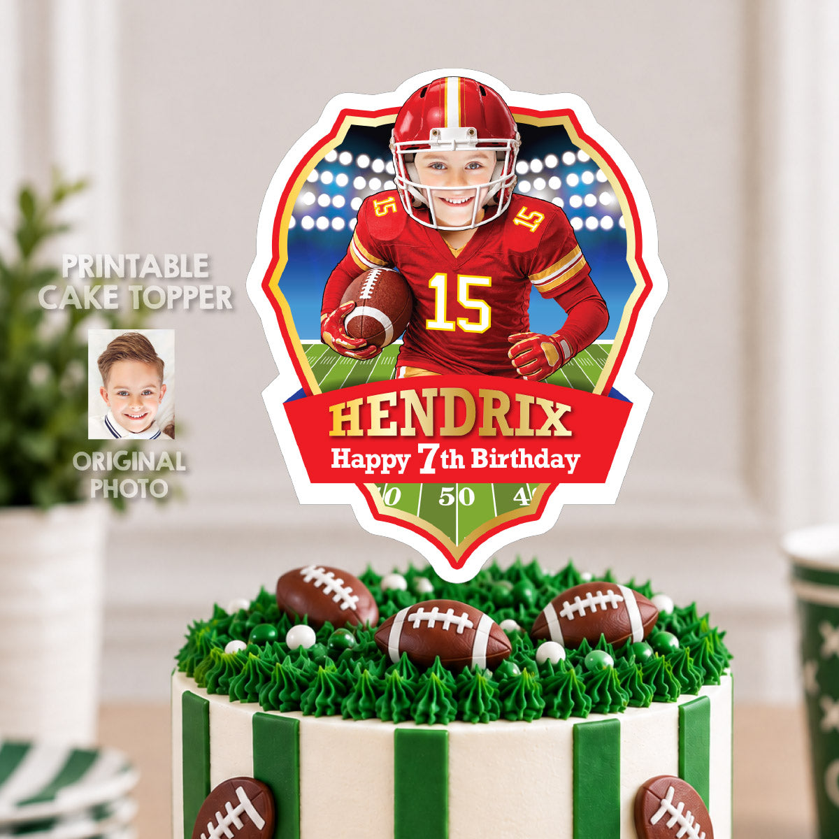 Football Cake topper featuring kid as his favorite Chiefs player (print, cut, assemble). 2499CT2