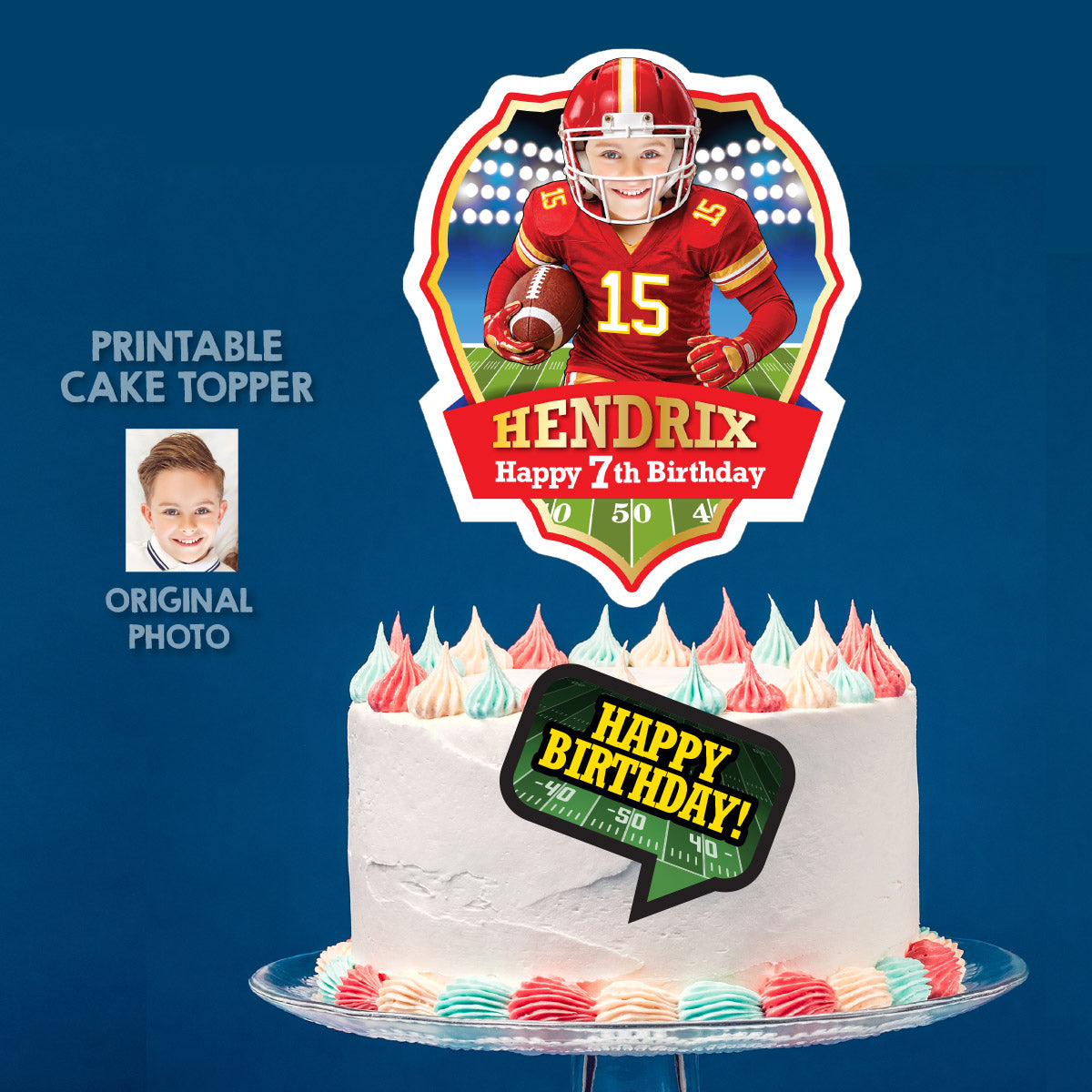 Football Cake topper featuring kid as his favorite Chiefs player (print, cut, assemble). 2499CT2