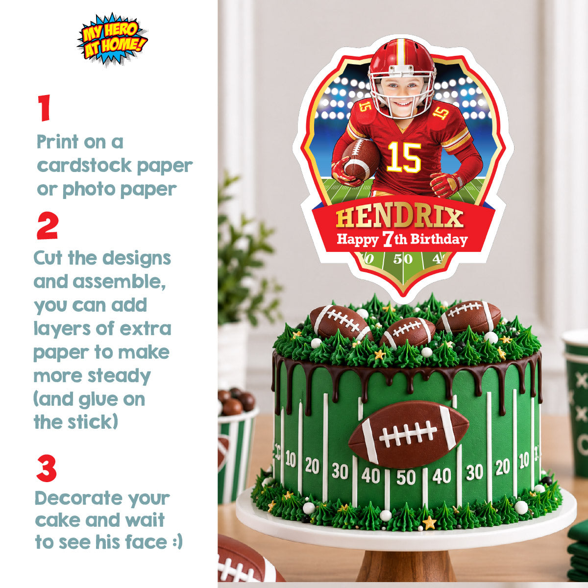 Football Cake topper featuring kid as his favorite Chiefs player (print, cut, assemble). 2499CT2