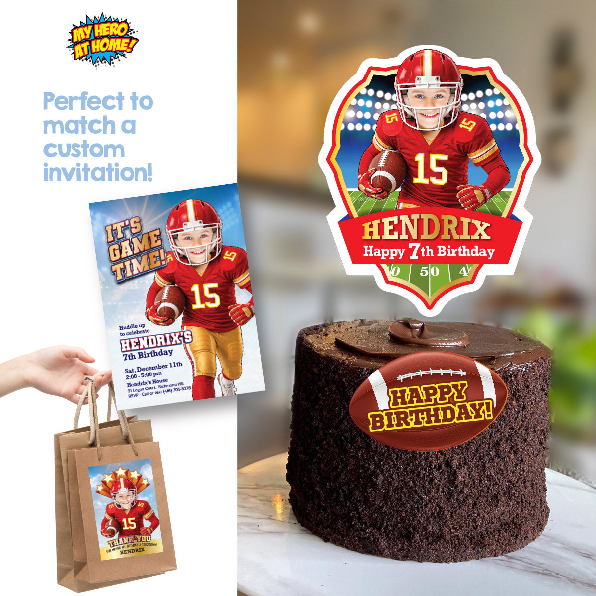 Football Cake topper featuring kid as his favorite Chiefs player (print, cut, assemble). 2499CT2