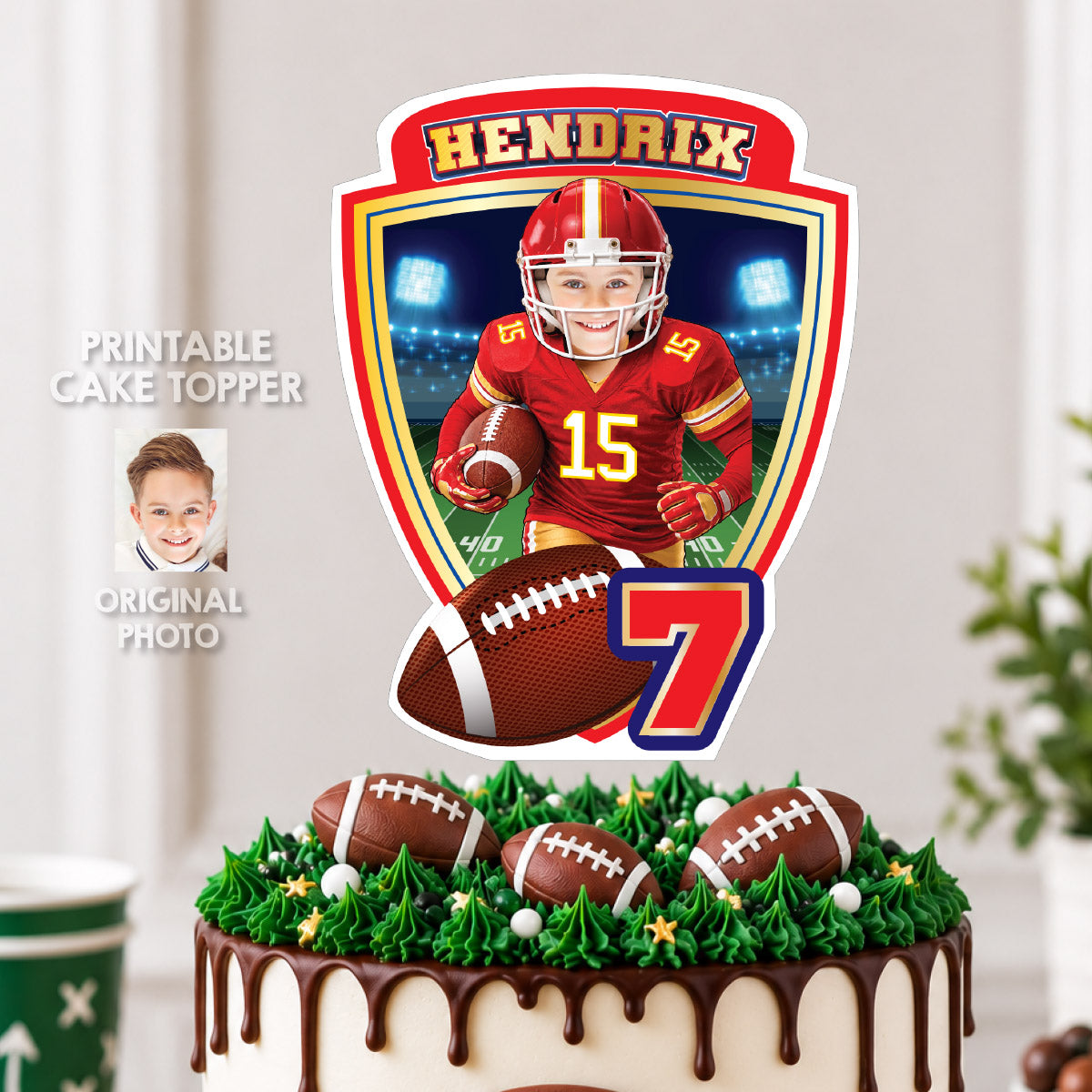 Cake topper themed Chiefs with photo, Printable Cake of Quarterback Chiefs. 2499CT3