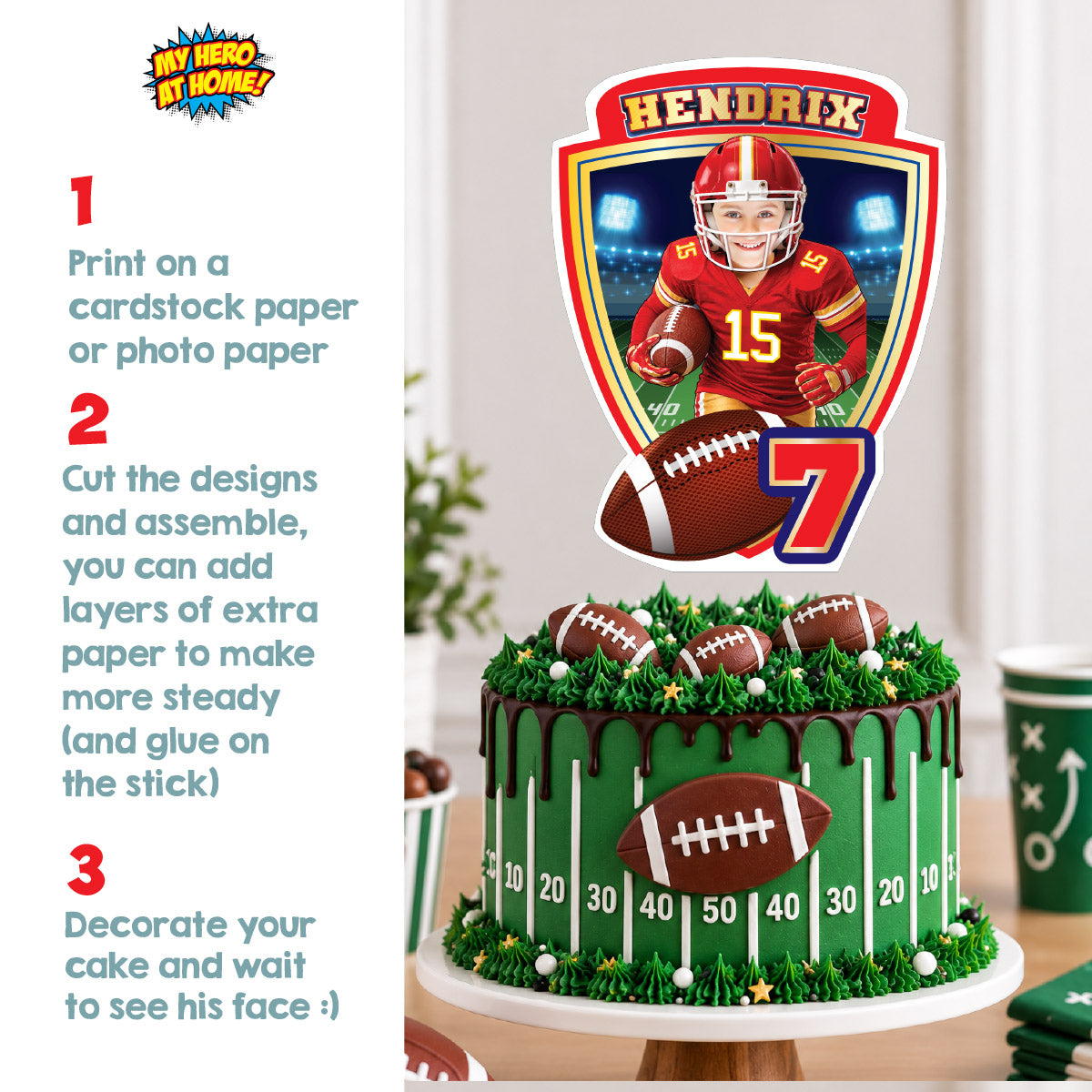 Cake topper themed Chiefs with photo, Printable Cake of Quarterback Chiefs. 2499CT3