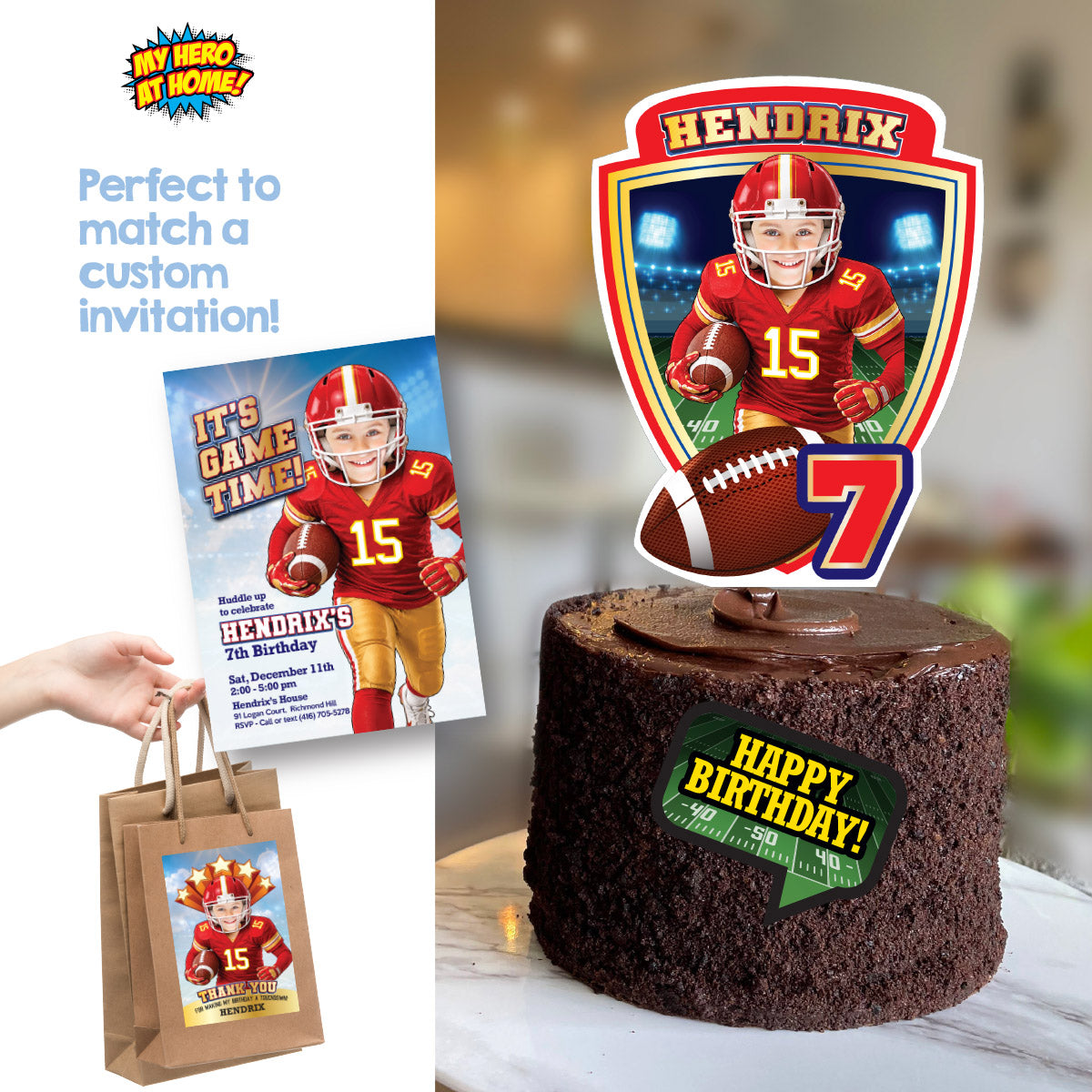 Cake topper themed Chiefs with photo, Printable Cake of Quarterback Chiefs. 2499CT3