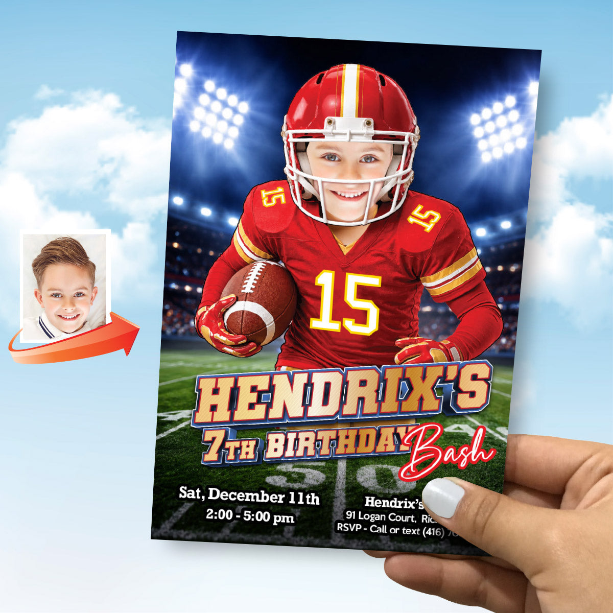 Custom Chiefs Red And Gold Football Player Birthday Party Invitation With Child as the star. 2499IN3