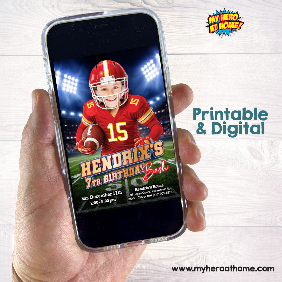 Custom Chiefs Red And Gold Football Player Birthday Party Invitation With Child as the star. 2499IN3