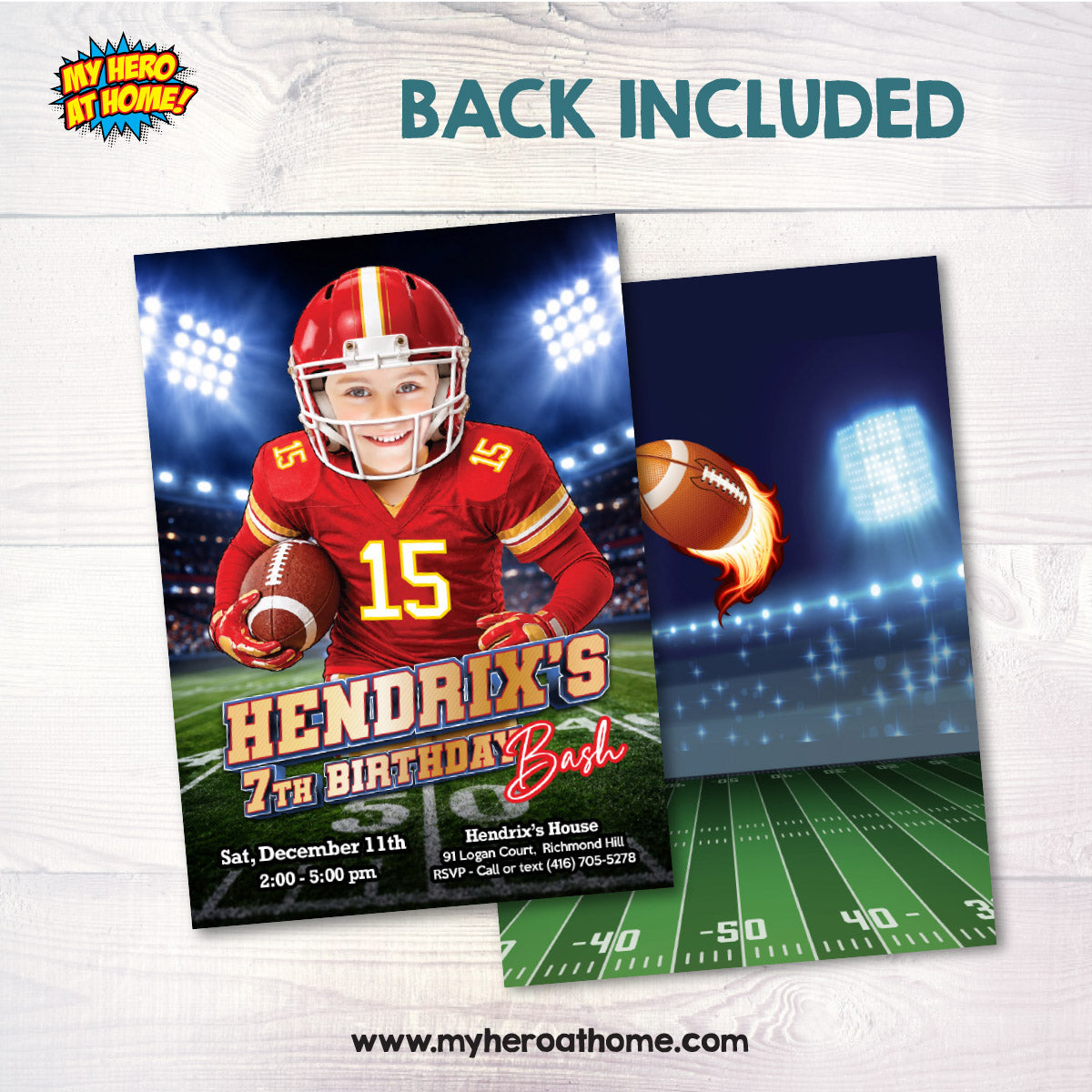 Custom Chiefs Red And Gold Football Player Birthday Party Invitation With Child as the star. 2499IN3
