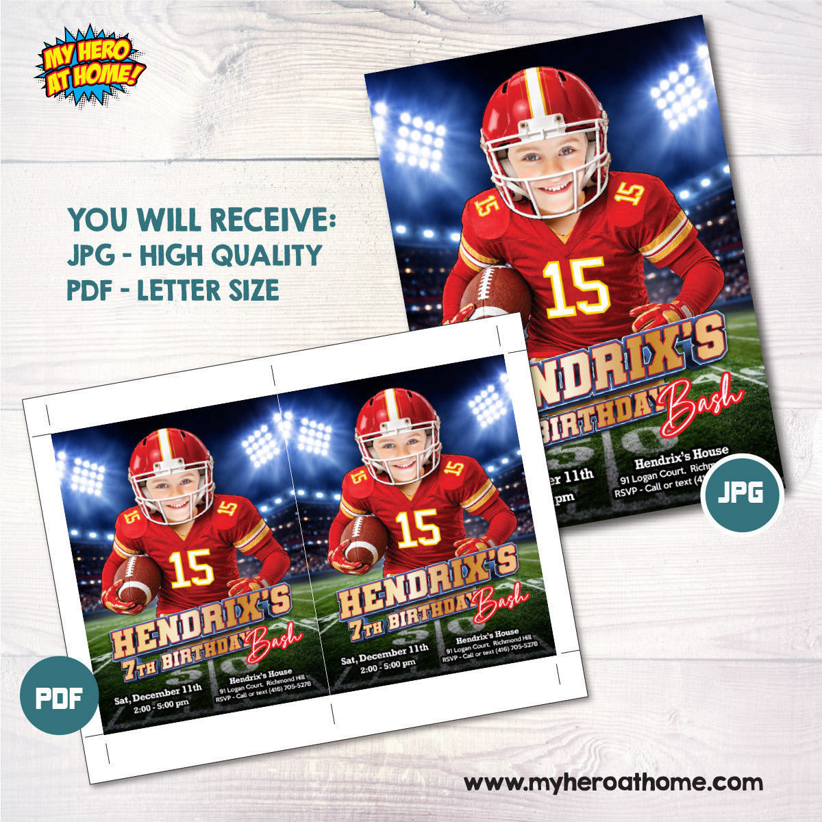 Custom Chiefs Red And Gold Football Player Birthday Party Invitation With Child as the star. 2499IN3