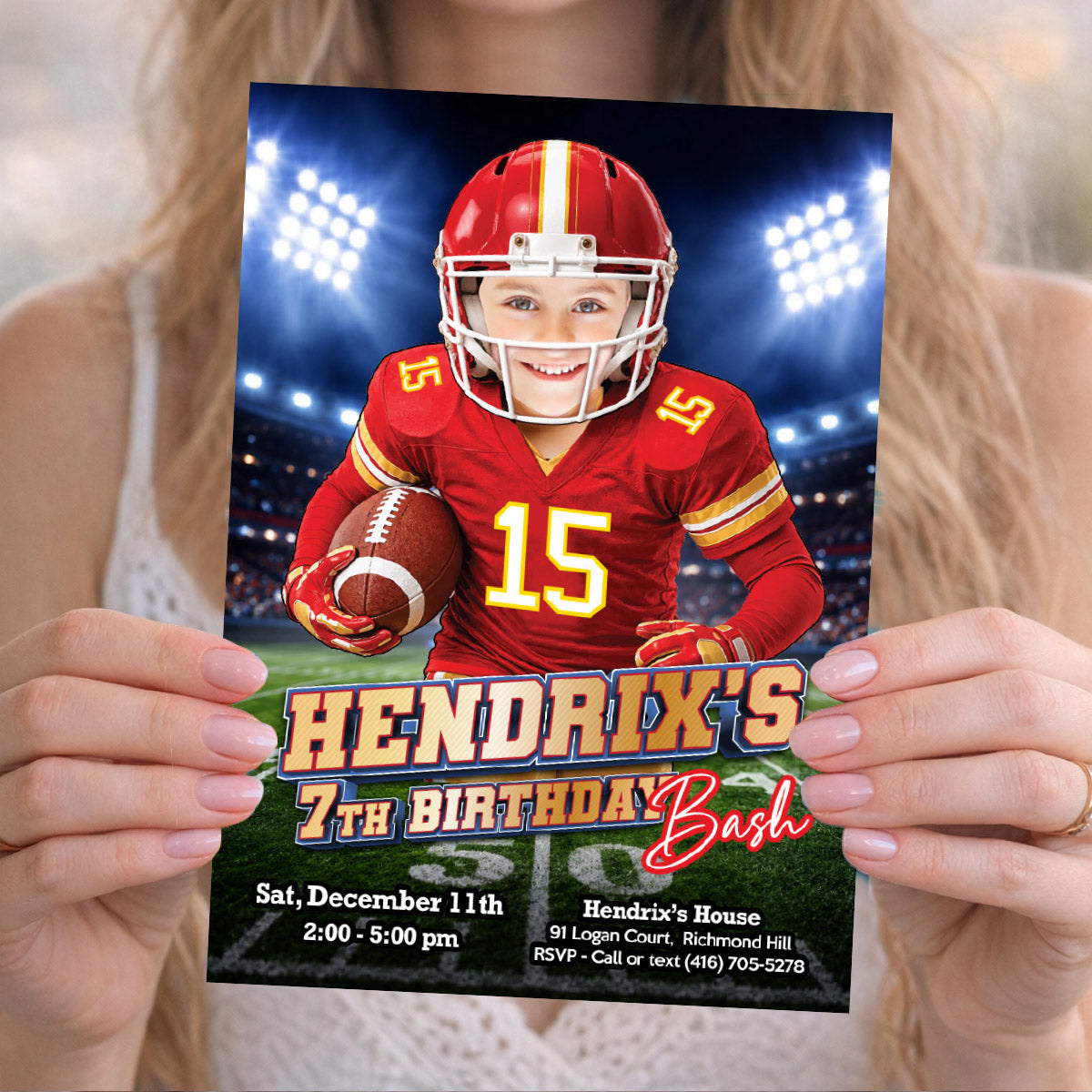 Custom Chiefs Red And Gold Football Player Birthday Party Invitation With Child as the star. 2499IN3