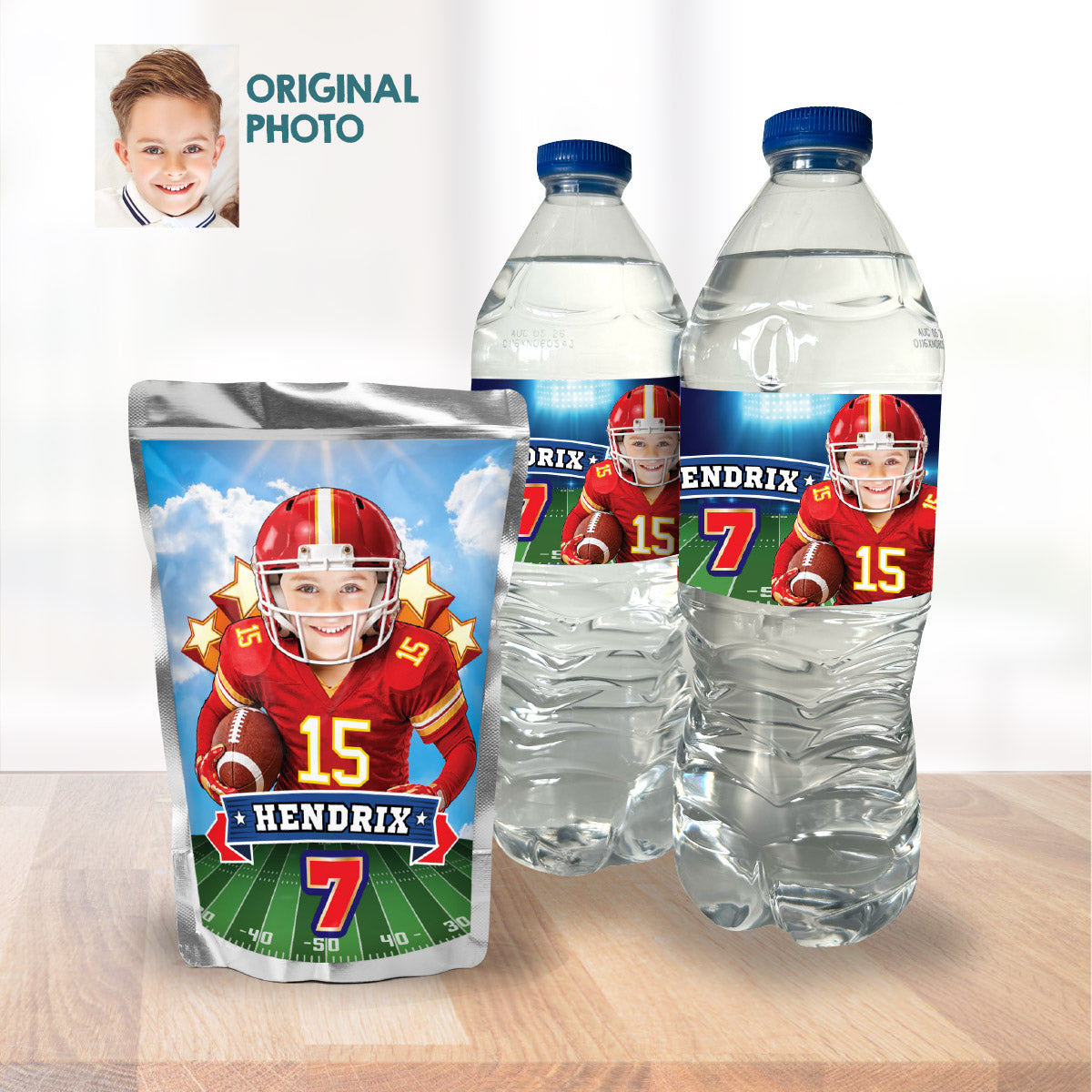 Football Kansas City Chiefs water wrappers and juice labels with kid as the star. 2499WJ