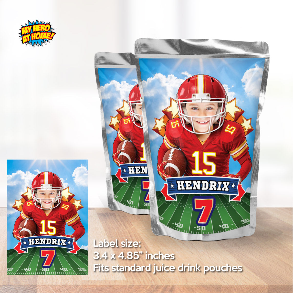 Football Kansas City Chiefs water wrappers and juice labels with kid as the star. 2499WJ