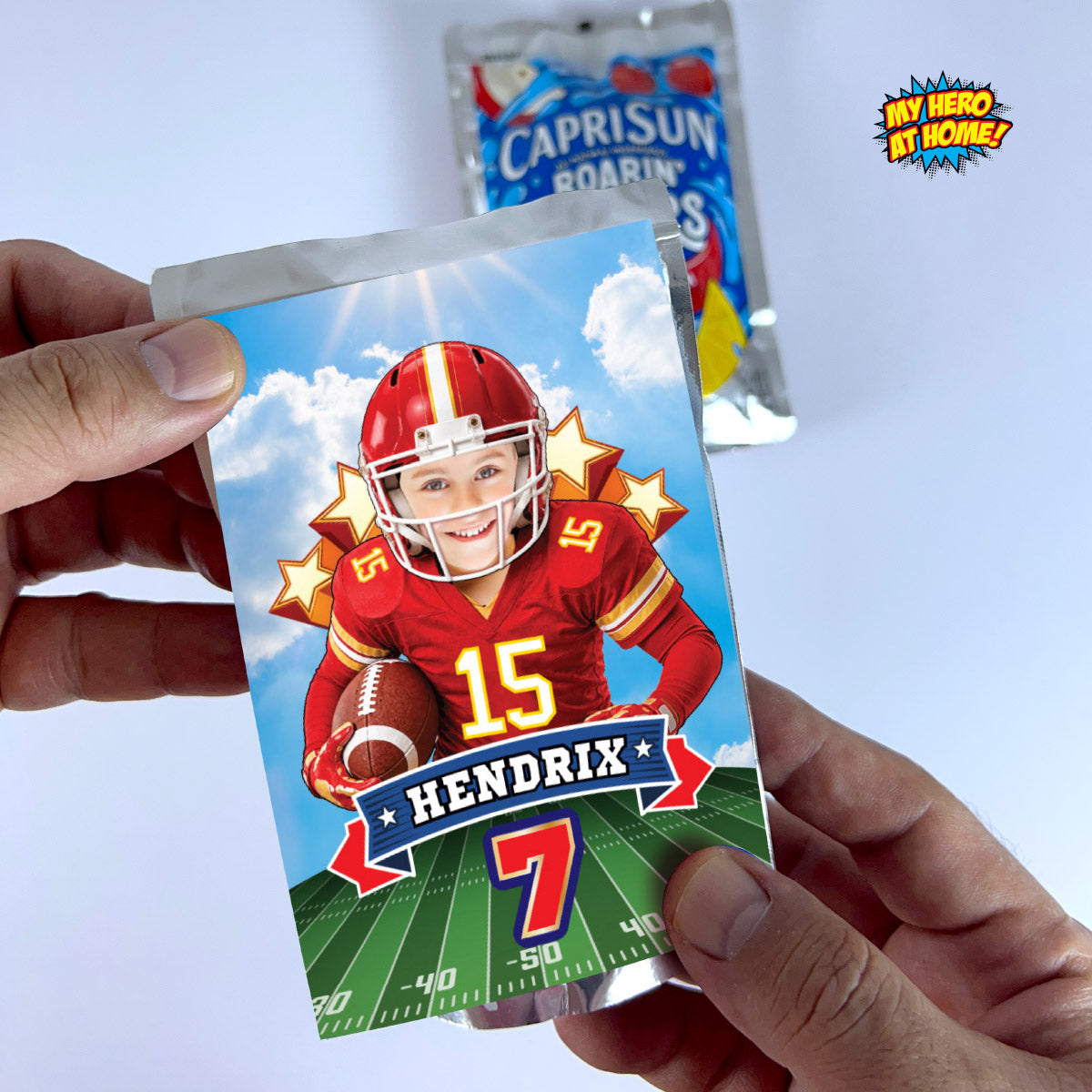 Football Kansas City Chiefs water wrappers and juice labels with kid as the star. 2499WJ