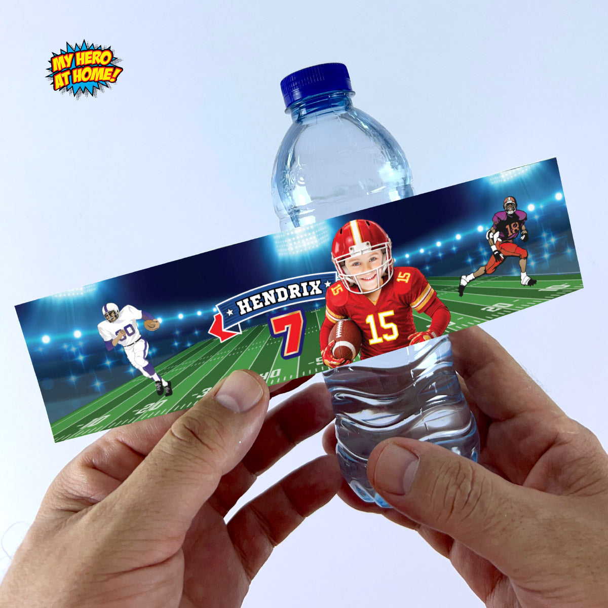 Football Kansas City Chiefs water wrappers and juice labels with kid as the star. 2499WJ