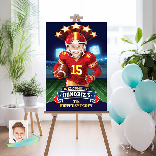 Chiefs Football Party Welcome Sign With Kid As Player, Quarterback Birthday Entrance. 2499WS