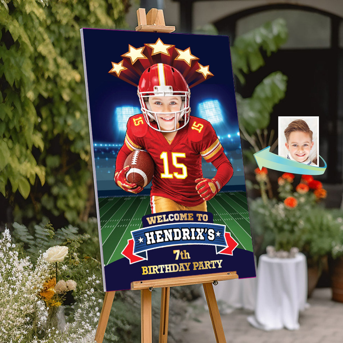 Chiefs Football Party Welcome Sign With Kid As Player, Quarterback Birthday Entrance. 2499WS
