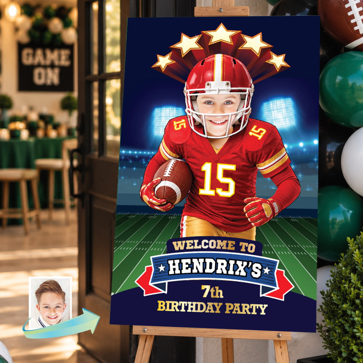 Chiefs Football Party Welcome Sign With Kid As Player, Quarterback Birthday Entrance. 2499WS