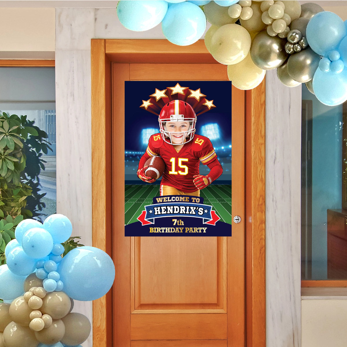 Chiefs Football Party Welcome Sign With Kid As Player, Quarterback Birthday Entrance. 2499WS