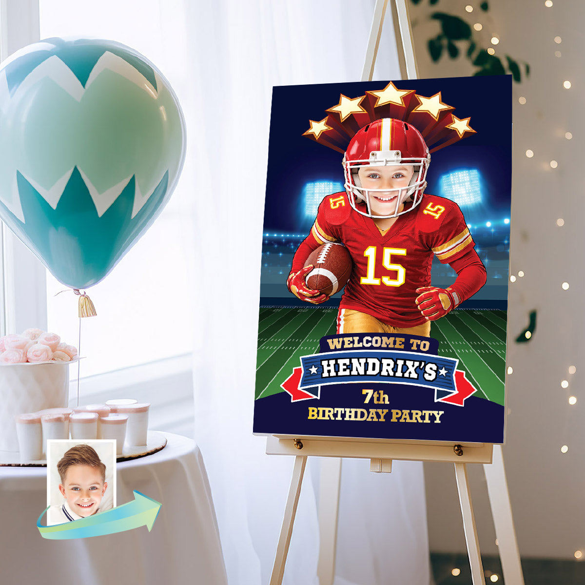 Chiefs Football Party Welcome Sign With Kid As Player, Quarterback Birthday Entrance. 2499WS