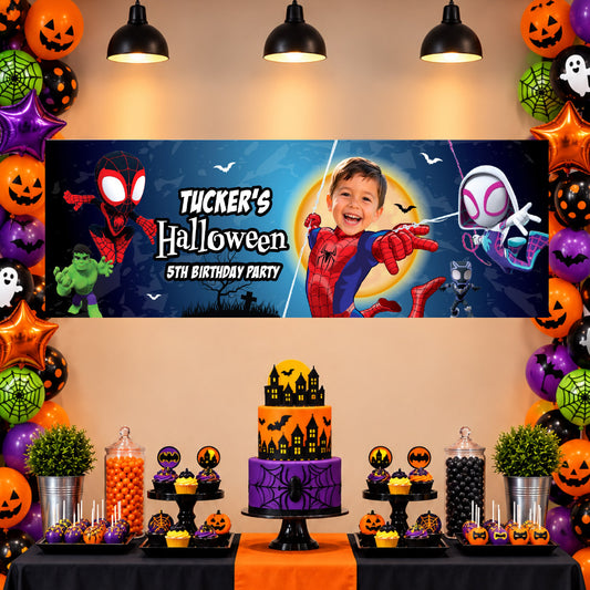 Personalized Spidey Halloween Birthday Banner Featuring Child as the Spider-Man, 6x2 Horizontal. 2506BBH1