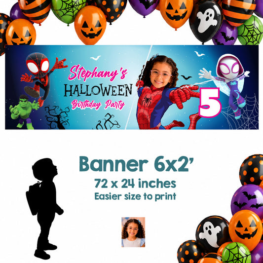 Personalized Boy or Girl  Spidey Halloween Banner 6x2 ft with Kid Photo (Horizontal) 2506BBH2