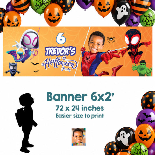 Halloween Superhero Birthday Banner 6x2 ft, Your Kid as Spidey with Friends. 2506BBH3