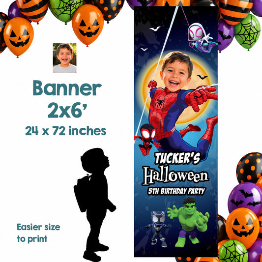 Custom Spidey Halloween Vertical Banner Featuring Birthday Child as Spider-Man, 2x6 Portrait. 2506BBV1