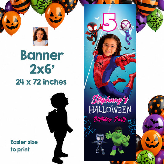 Spidey Halloween Boy or Girl Birthday Banner 2x6 ft with Child as Spiderman. 2506BBV2