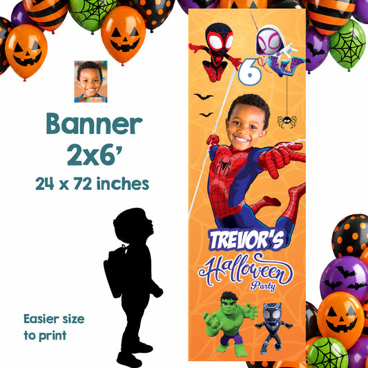 Spidey Halloween Birthday Banner 2x6 ft with Kid as the Hero, Spooky Party Entrance Banner. 2506BBV3