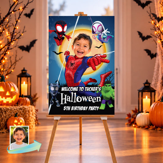 Personalized Spidey Halloween Birthday Welcome Sign with Child as Spiderman. 2506WS1