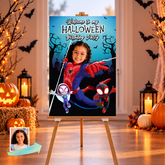 Spidey Boy or Girl Halloween Welcome Sign with Kid as the Hero, Spooky Superheroes Signs. 2506WS2