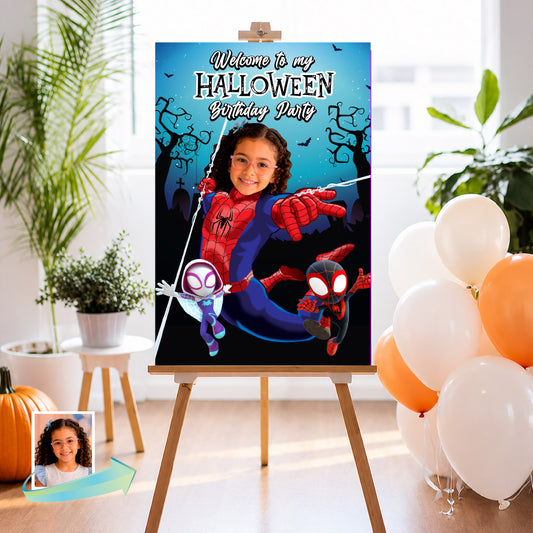 Spidey Boy or Girl Halloween Welcome Sign with Kid as the Hero, Spooky Superheroes Signs. 2506WS2