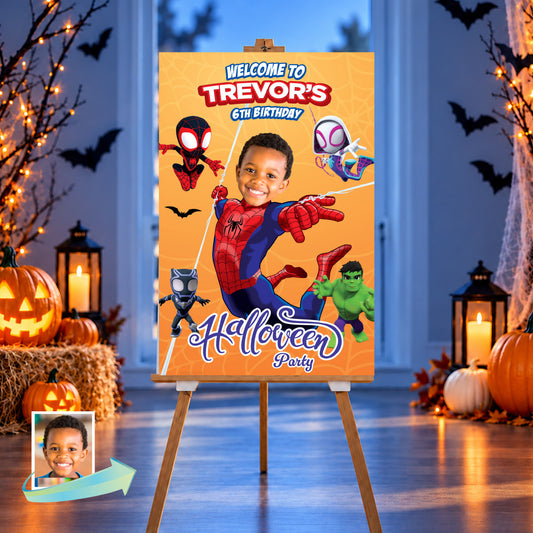 Spookyverse Halloween Birthday Welcome Sign with Kid as Spidey alongside Friends. 2506WS3