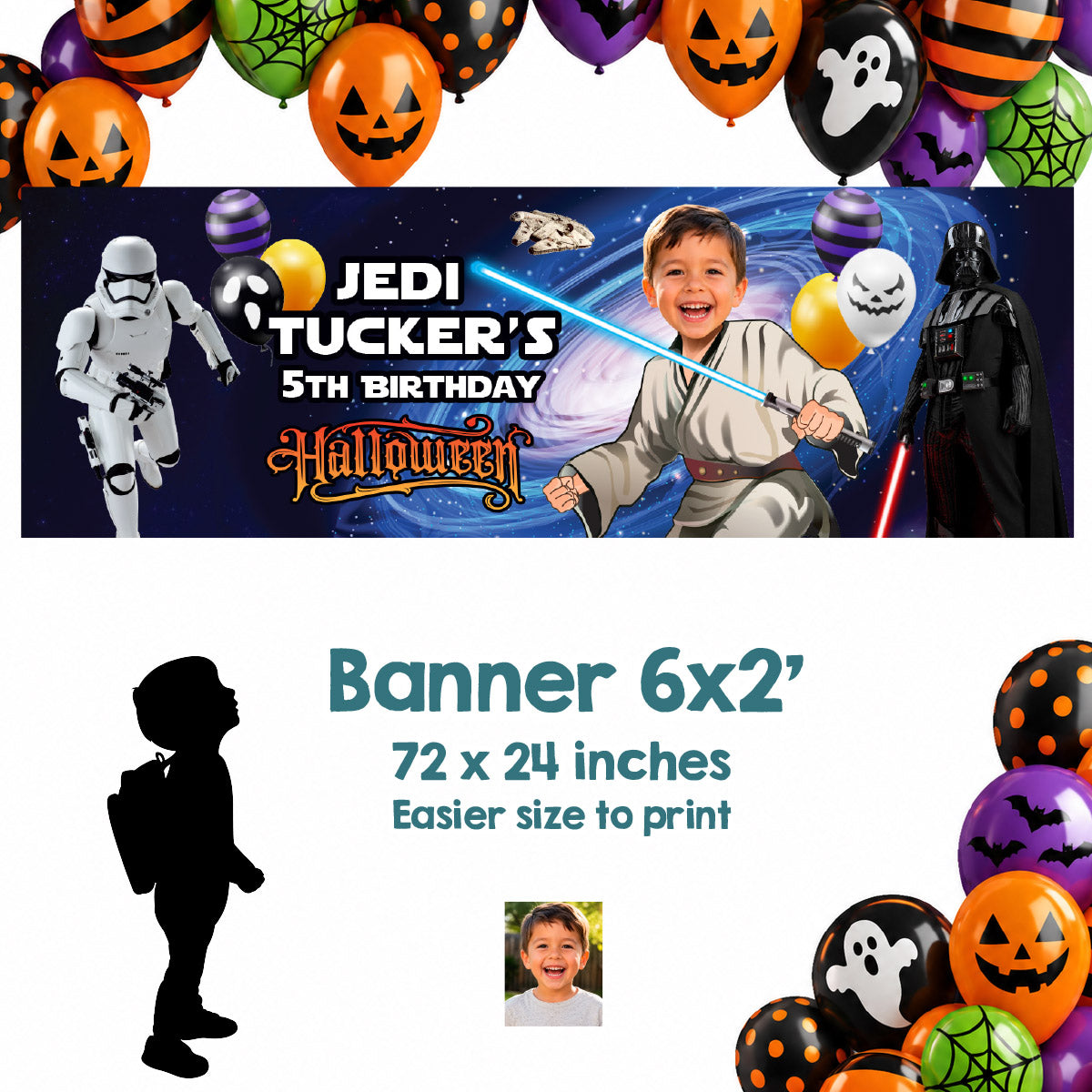 Star Wars Jedi Halloween Birthday Banner Personalized with Kid as the Star (Horizontal). 2507BBH