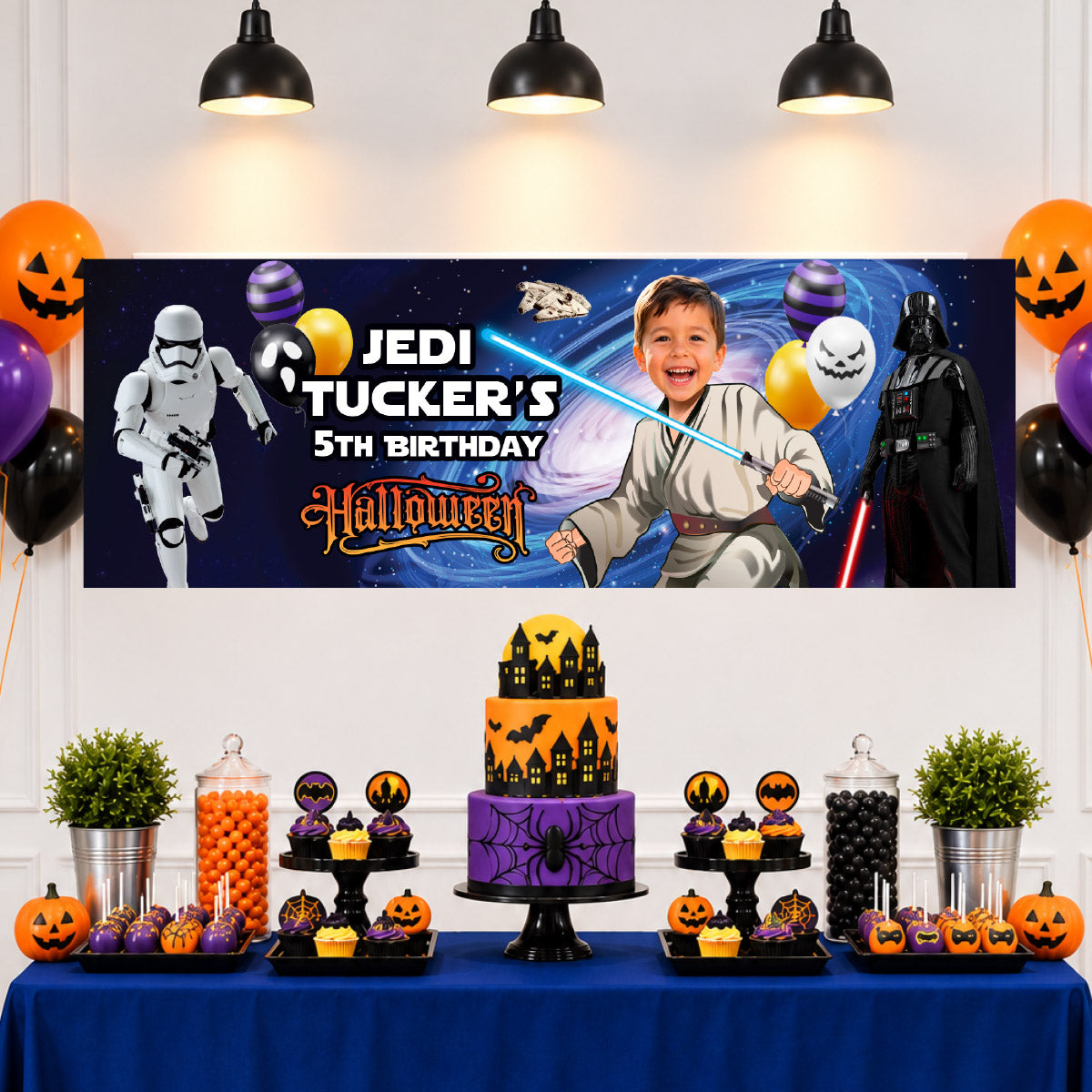 Star Wars Jedi Halloween Birthday Banner Personalized with Kid as the Star (Horizontal). 2507BBH