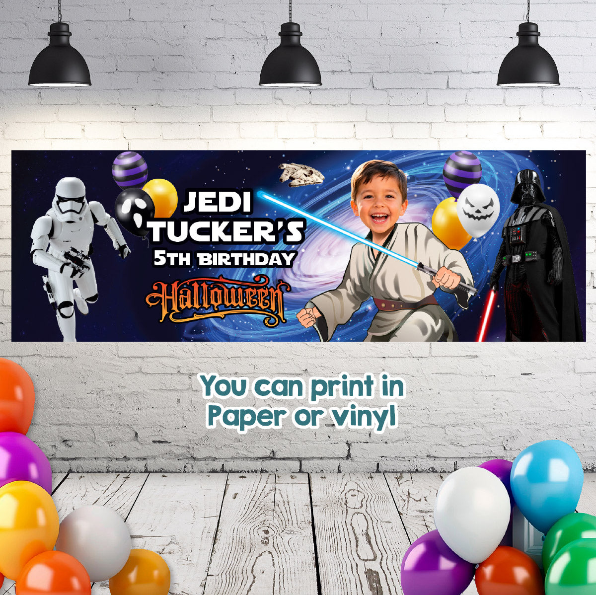 Star Wars Jedi Halloween Birthday Banner Personalized with Kid as the Star (Horizontal). 2507BBH