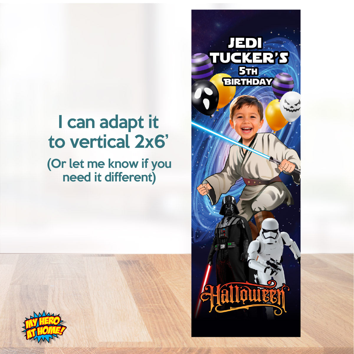 Star Wars Jedi Halloween Birthday Banner Personalized with Kid as the Star (Horizontal). 2507BBH