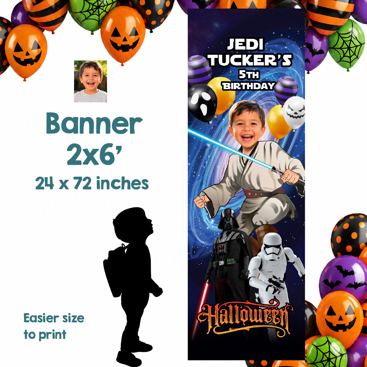 Personalized Star Wars Jedi Halloween Birthday Banner with Kid as the Star. 2507BBV