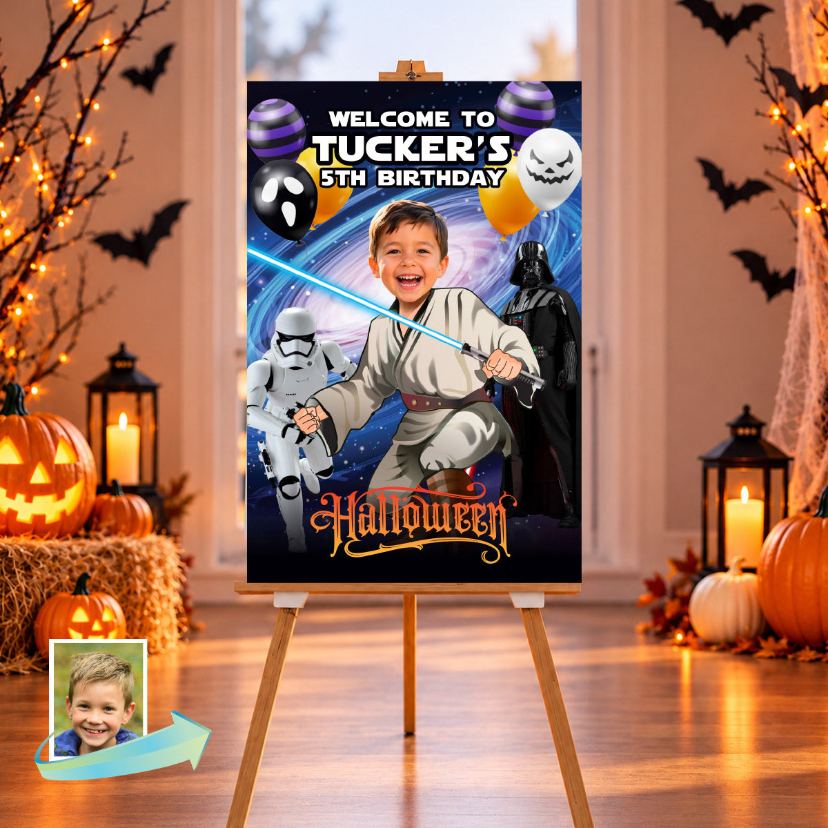 Star Wars Halloween Party Welcome Sign with Birthday Kid as a Jedi, For Any Age. 2507WS1