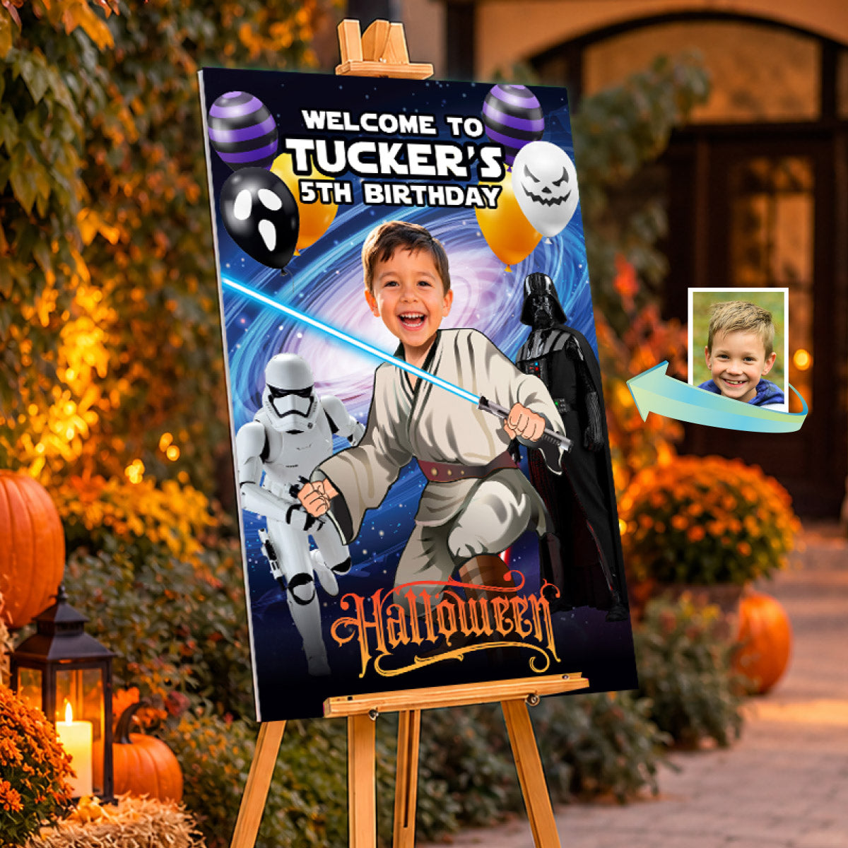 Star Wars Halloween Party Welcome Sign with Birthday Kid as a Jedi, For Any Age. 2507WS1