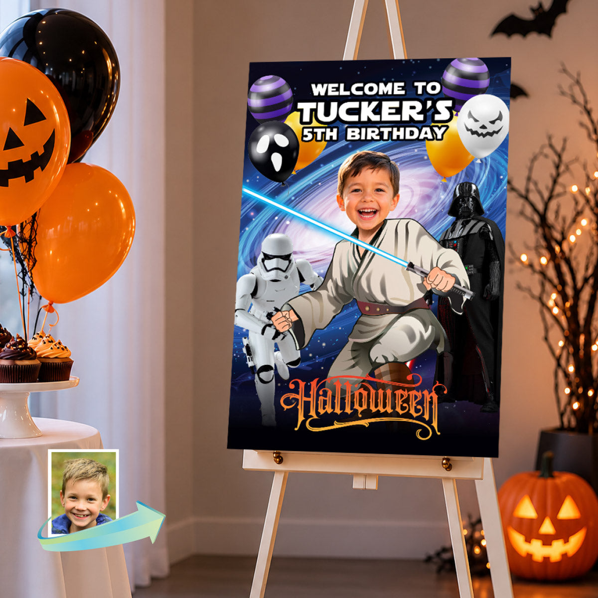 Star Wars Halloween Party Welcome Sign with Birthday Kid as a Jedi, For Any Age. 2507WS1