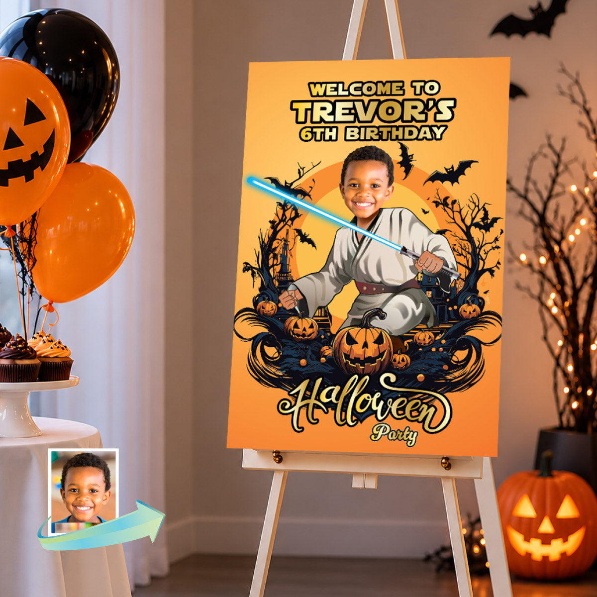 Personalized Jedi Halloween Birthday Sign, Welcome to my Star Wars Party with photo. 2507WS2