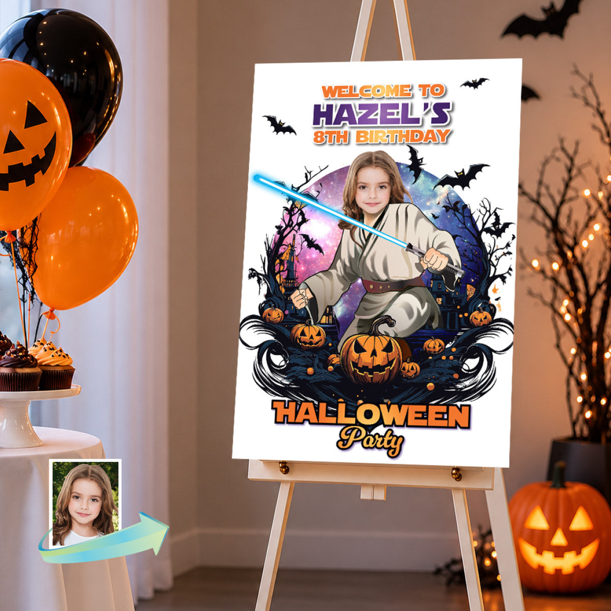 Halloween Jedi Birthday Welcome Sign with Boy or Girl as the Master Jedi. 2507WS3