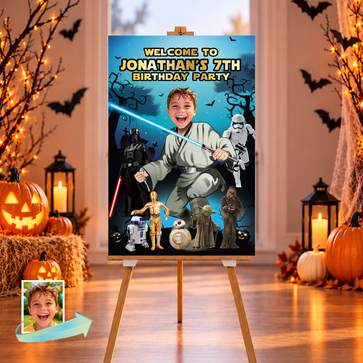 Personalized Jedi Star Wars Halloween Welcome Sign with Birthday Kid as the Star. 2507WS4